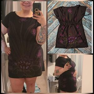 Buffalo by David Bitton Size Medium Black with Peacock Print Banded Mini Dress